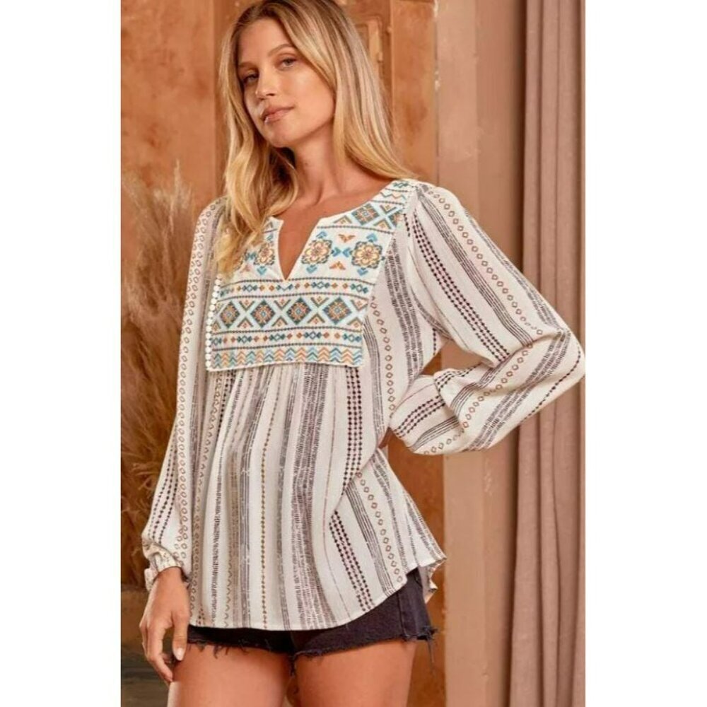 Striped Embroidered Aztec Top Western Bohemian Style